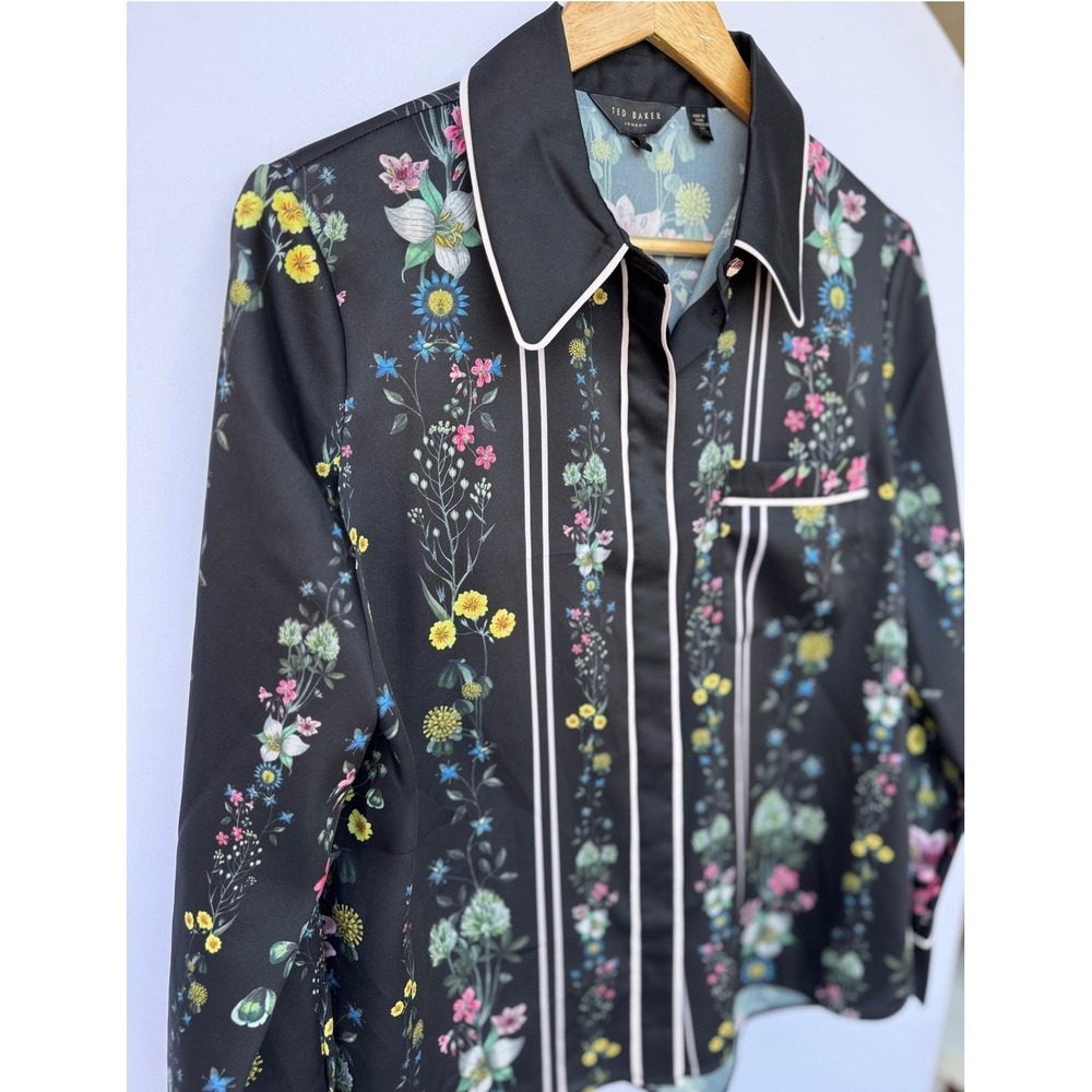 Ted Baker Lottu Shirt Black Floral Stripe Pajama Style Cottagecore Chic Size 3